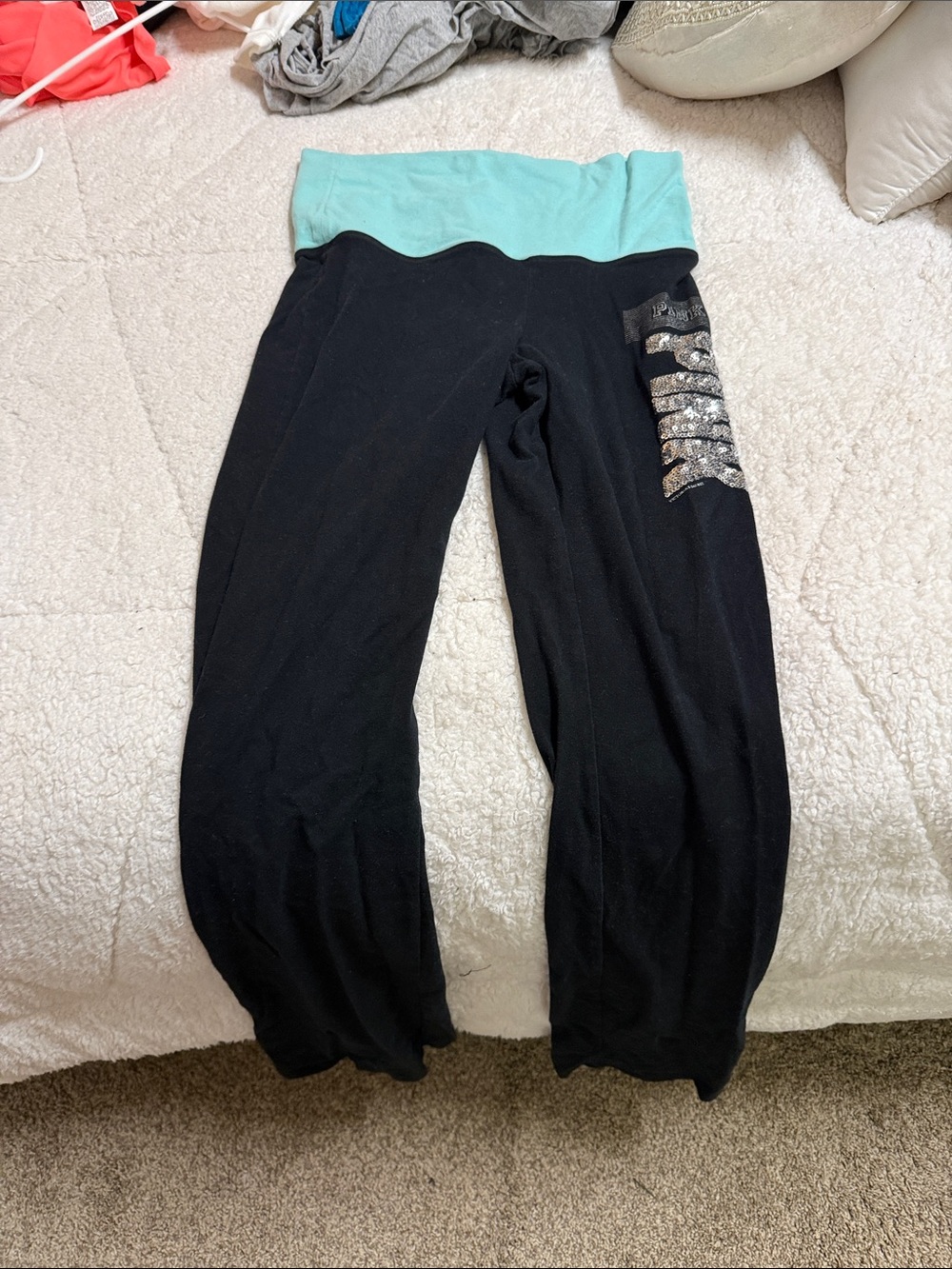 Pink women’s Black yoga Pants with Mint Fold-Over Waist